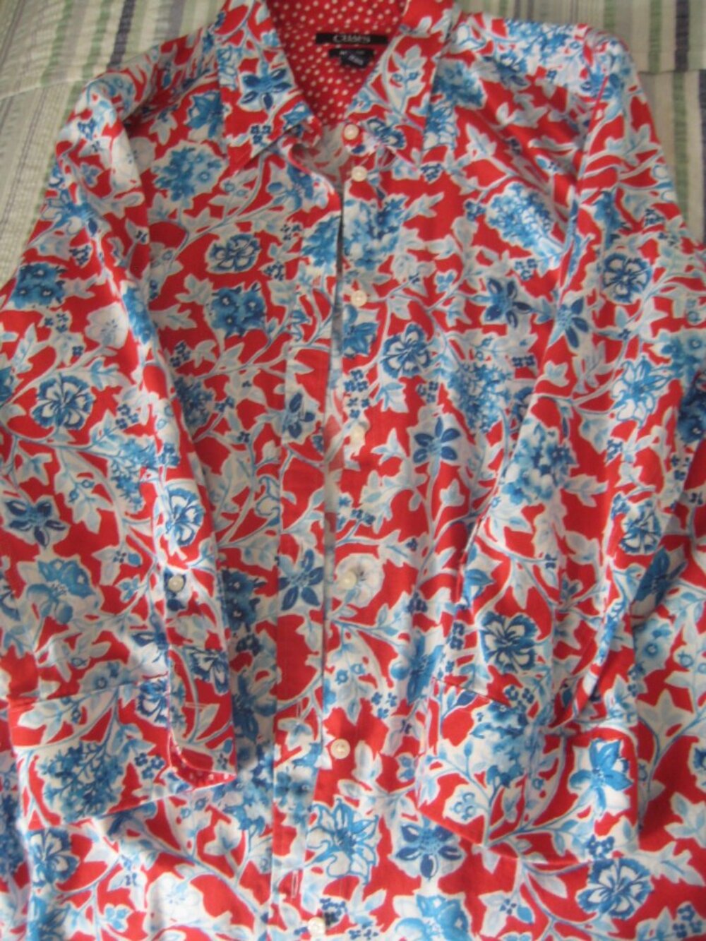 LADY'S SIZE 1X LONG SLEEVED COTTON BLOUSE RED w/BLUE FLORAL DESIGN by CHAPS